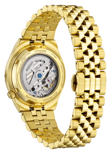 Fond de boîtier transparent de la Citizen Tsuyosa 60, mettant en valeur le mouvement automatique Calibre 8310 de fabrication maison et le boîtier en acier inoxydable doré.