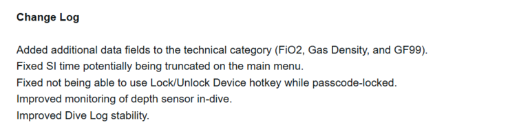 Le journal des modifications de la version 2.07 du logiciel Garmin Descent X30 (Source : Garmin)
