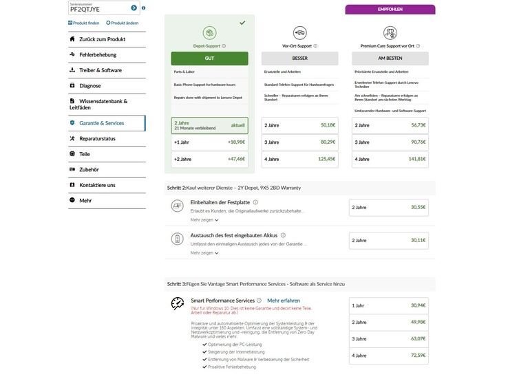 Options de garantie (capture d'écran de la page de service Lenovo)