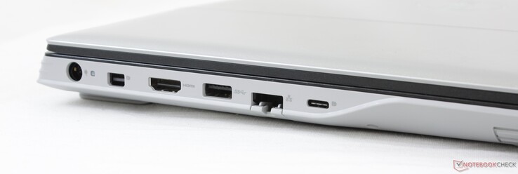 Côté gauche : entrée secteur, mini DisplayPort, HDMI 2.0, USB A 3.2 Gen 1, Gigabit RJ-45, USB C avec DisplayPort.