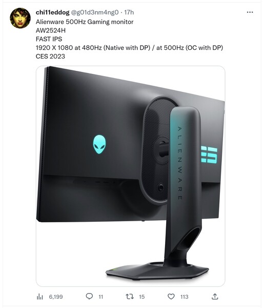 Rumeur d'un moniteur Alienware 500 Hz. (Image source : @g01d3nm4ng0)