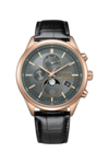 Montre Citizen BY1033-01H Eco-Drive à phase de lune, dotée d’un cadran gris anthracite, d’un boîtier en acier inoxydable couleur or rose, d’un bracelet en cuir noir, d’un affichage analogique de la phase de lune, de deux sous-cadrans et d’un guichet de date.