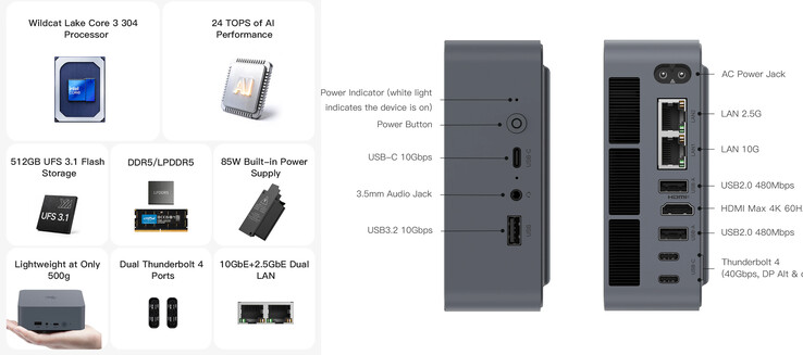 Caractéristiques principales et ports du mini-PC EQi Intel Wildcat Lake