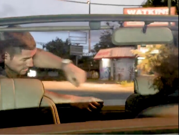 Dans cette capture d'écran tirée de la deuxième bande-annonce de GTA 6, le lampadaire en arrière-plan semble flotter dans les airs.