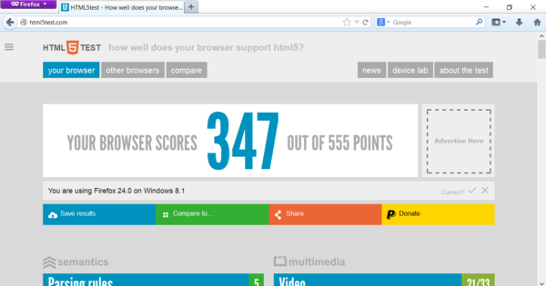 Visiter html5test.com via Firefox 24 sur Windows 10 (Source de l'image : Capture d'écran)