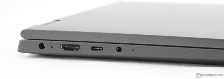 À gauche : adaptateur secteur, HDMI 1.4b, USB-C 3.1 Gen. 1 avec Power Delivery (pas de DisplayPort), combo audio 3,5 mm