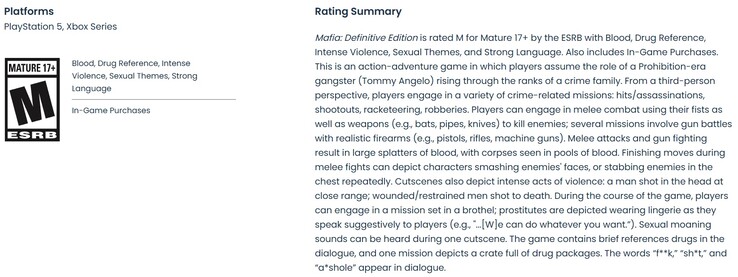 Classification ESRB pour la version PS5 et Xbox Series X | S de Mafia Definitive Edition.