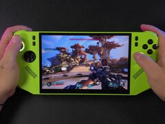 Gameplay de Borderlands 4 sur l'ordinateur de poche MSI Claw 8 AI alimenté par AMD Ryzen Z2 Extreme, montrant une vue à la première personne avec un fusil pointé vers un environnement extérieur (Source d'image : ETA PRIME via YouTube)