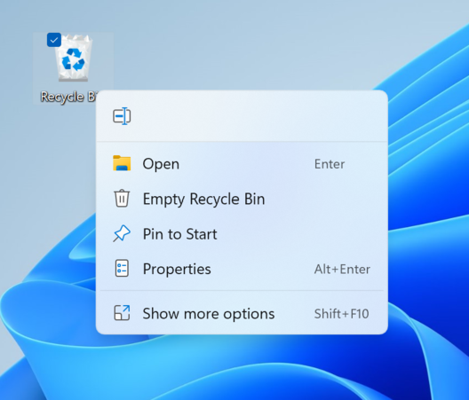 Nouveau menu contextuel moderne lorsque vous cliquez avec le bouton droit de la souris sur la Corbeille sur votre bureau. (Image source : Microsoft)