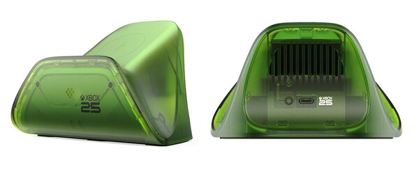 La station de recharge 8BitDo Ultimate pour manettes Xbox – Édition spéciale X25 présente un design vert translucide.