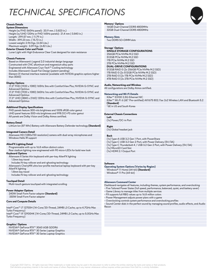 Spécifications de l'Alienware x17 R2 (Source : Dell)