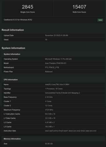 Intel Core Ultra 9 368H Geekbench listing (image source : Geekbench)