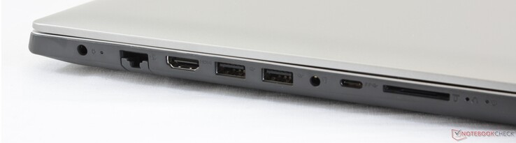 Côté gauche : entrée secteur, Gigabit RJ-45, 2 USB 3.0, combo audio 3,5 mm, USB C Gen. 1, lecteur de carte SD.