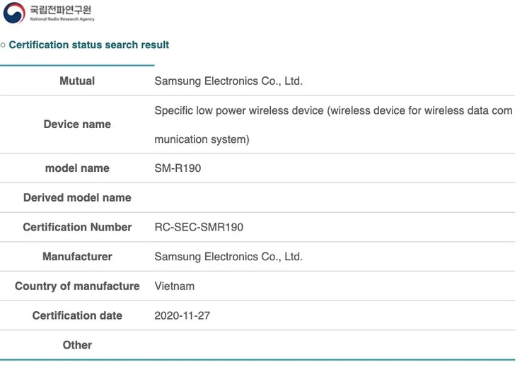 Samsung a également certifié les SM-R190 auprès d'un régulateur coréen. (Source : Autorité indonésienne de régulation des télécommunications via MySmartPrice)