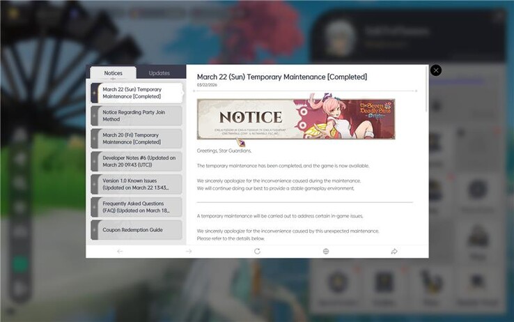 Avis en jeu du 22 mars confirmant un correctif sonore et d'autres corrections de bugs dans The Seven Deadly Sins : Origine.