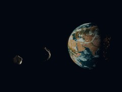 Illustration d'artiste montrant deux astéroïdes proches de la Terre.