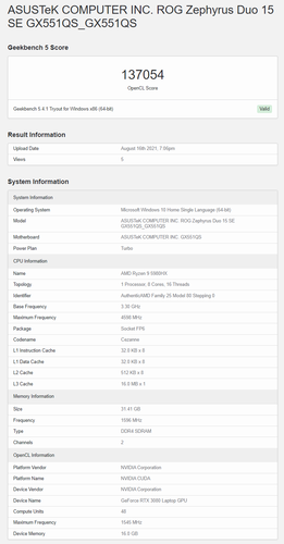 Asus ROG Zephyrus Duo 15 SE avec Ryzen 9 5980HX et RTX 3080 - Score Geekbench OpenCL GPU. (Source : Geekbench)