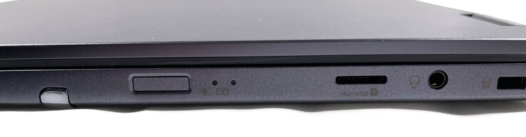 A droite : Stylet actif, bouton d'alimentation avec lecteur d'empreintes digitales intégré, voyants d'état, lecteur de carte MicroSD, prise audio combinée de 3,5 mm, verrou de Kensington
