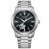 Montre automatique Citizen NH9150-52E dotée d’un cadran noir, d’un affichage « cœur ouvert », d’un boîtier en acier inoxydable et d’un bracelet brossé à trois maillons.