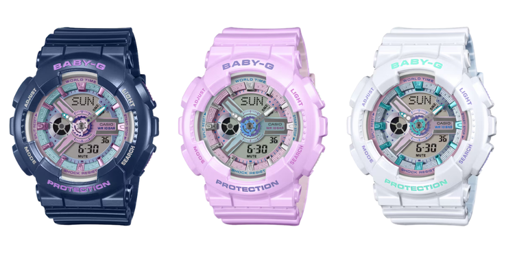 De gauche à droite : les montres Casio G-Shock Baby-G BA-110MC-2A, BA-110MC-6A et BA-110MC-7A