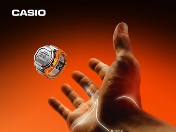 La montre-bague connectée Casio CRW-H001M-8 flottant au-dessus d'une main tendue sur un fond orange.