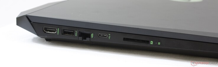 Côté gauche : HDMI, USB 3.1 Gen. 1 (avec HP Sleep et Charge), Gigabit RJ-45, USB C 3.1 Gen 2 (10 Gbit/s, charge 3.0, DisplayPort 1.4), lecteur de carte SD.
