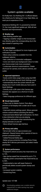Changements apportés à la mise à jour Nothing OS 1.5 (image via Reddit)