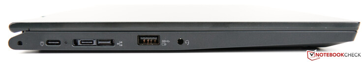 Côté gauche : 2 USB C 3.1 Gen1, RJ45 via adaptateur ThinkPad Ethernet Extension, USB A 3.1 A, prise jack.