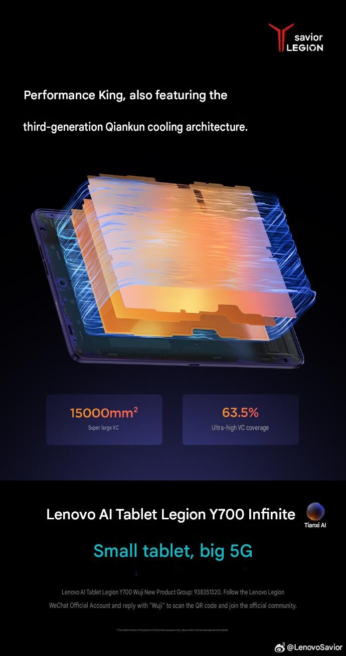 Rendu officiel de Lenovo mettant en avant le système de refroidissement Qiankun de troisième génération du Legion Y700 Infinite, doté d’une chambre à vapeur de 15 000 mm² couvrant 63,5 % de l’intérieur de cette tablette de jeu compacte.