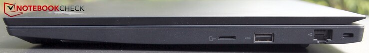 Côté droit : micro SD, USB 2.0, RJ45, verrou de sécurité Kensington.