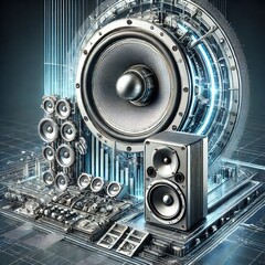 Illustration futuriste combinant des haut-parleurs traditionnels et des systèmes d'énergie acoustique dirigée (Source d'image : OpenAI/DALL-E)