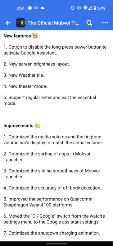Changements apportés à la mise à jour TicWatch Pro 3 (image via Reddit)