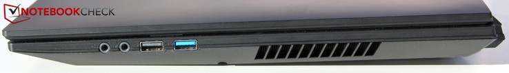 Côté droit : écouteurs, micro, USB-A (2.0), USB-A (3.1), grille de ventilateur.