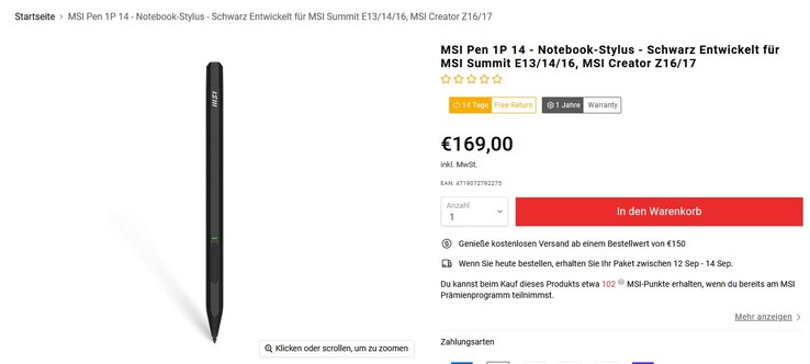 Le MSI Pen 1P 14 coûte la bagatelle de 169 euros supplémentaires (capture d'écran du site web de MSI)