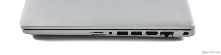 Côté droit : micro SD, emplacement pour carte SIM, 2 USB A 3.0, HDMI, Ethernet RJ45, verrou de sécurité Noble.