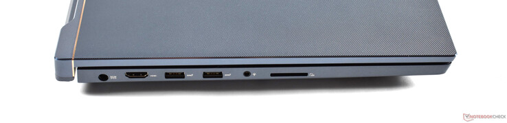 A gauche : connecteur de chargement, HDMI, 2x USB A 3.0, 3.5 mm audio, lecteur de carte SD