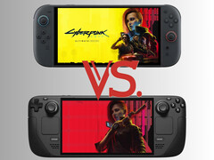 La Switch 2 et la Steam Deck avec l'illustration de Cyberpunk 2077 (Image source : Nintendo of America, Valve, Steam avec modifications)