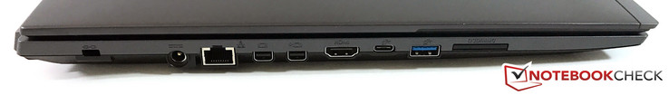 A gauche : port de verrouillage Kensington, entrée secteur, RJ45-LAN, 2 mini-DisplayPort 1.2, HDMI, USB de type C (Gen1), USB 3.0, lecteur de carte SD.