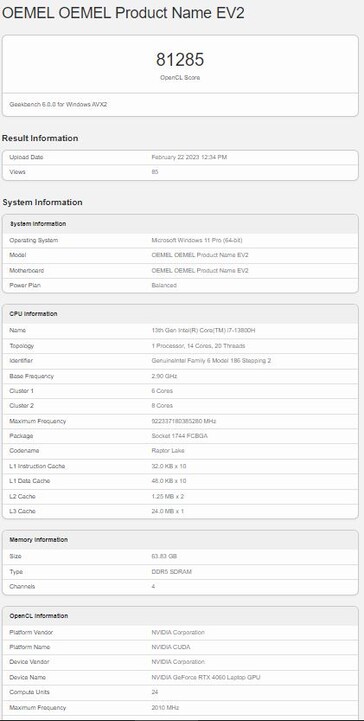 Avec un GPU RTX 4060 pour ordinateur portable. (Source : Geekbench)