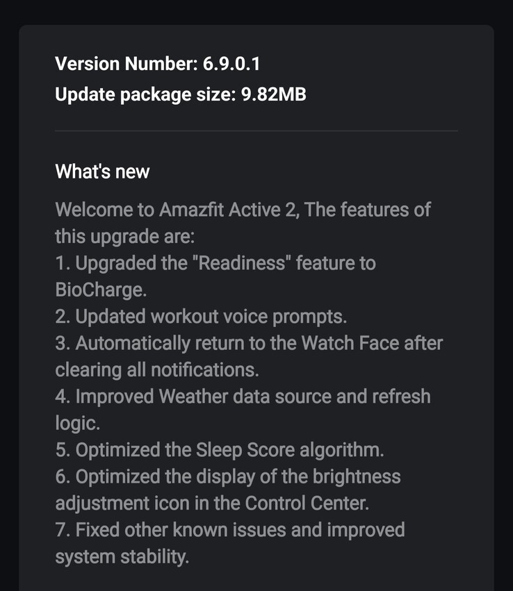 Les notes de mise à jour de la version 6.9.0.1 du logiciel pour les smartwatches Amazfit Active 2. (Source de l'image : forum 4PDA)