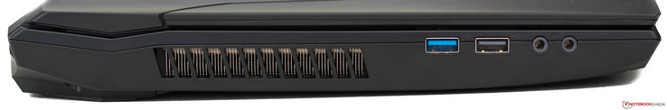 Côté gauche : grilles de ventilateur, USB 3.1 Gen 2, USB 2.0, audio-in (micro), audio-out (écouteurs).