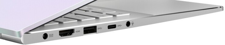 Côté gauche : entrée secteur, HDMI, 1 USB A 3.2 Gen 1, 1 USB C 3.2 Gen 1, prise jack.