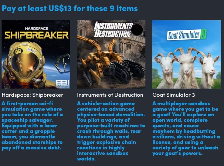 Affiches et descriptions des jeux. En payant 13 $, vous obtenez les 9 jeux (Source de l'image : Humble Bundle)