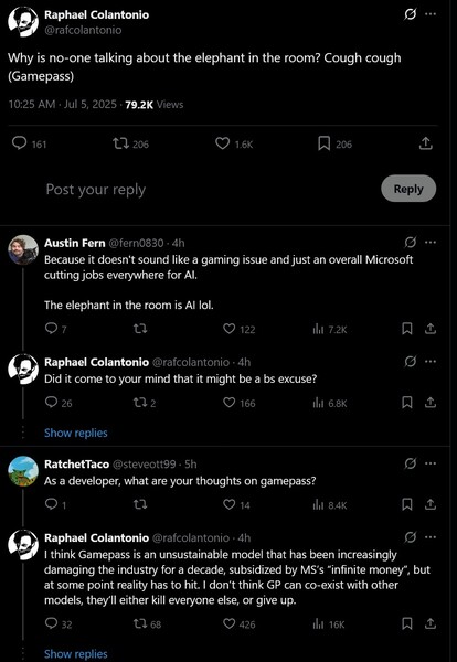 Raphael Colantonio commente l'impact du Xbox Game Pass sur les pertes d'emplois chez Microsoft (Source de l'image : capture d'écran, compte X de Raphael Colantonio)