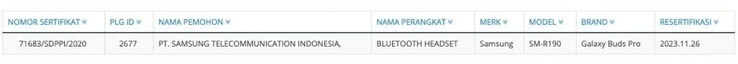 La certification "Galaxy Buds Pro ". (Source : Autorité indonésienne de régulation des télécommunications via MySmartPrice)