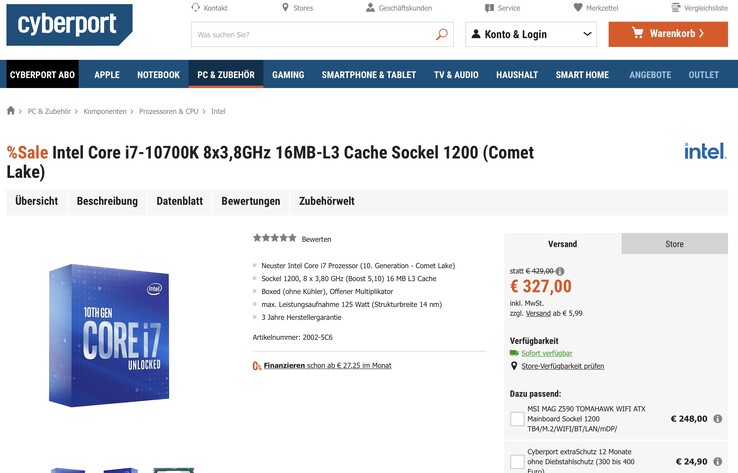 En ce moment, l'Intel Core i7-10700K coûte moins cher que le Ryzen 5 5600X sur cyberport.de