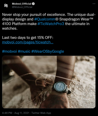 Il a également tweeté que la TicWatch Pro 3 est dotée de la Wear 4100 en août. (Image source : Twitter)