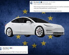 Tesla avec le drapeau de l’UE et des commentaires de X en arrière-plan
