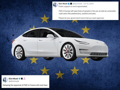 Tesla avec le drapeau de l’UE et des commentaires de X en arrière-plan
