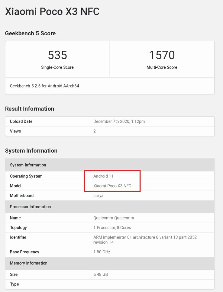 POCO X3 NFC avec Android 11. (Source de l'image : Geekbench via @yabhishekhd)